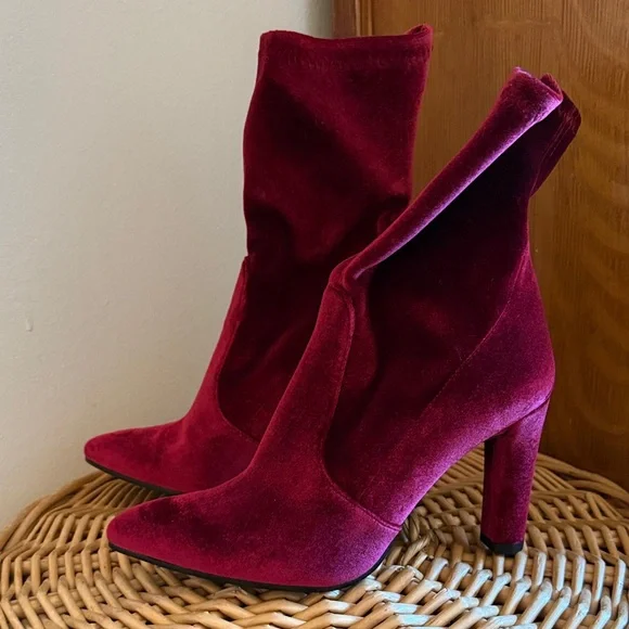 Stuart Weitzman Velvet Burgundy Ankle Booties